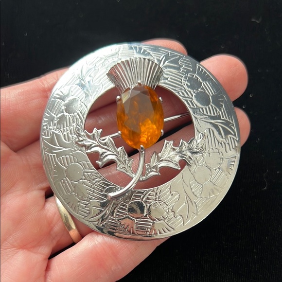 Scottish Large Plaid Brooch Thistle  Silver Tone Orange Stone Brooch Mizpah - Picture 7 of 7